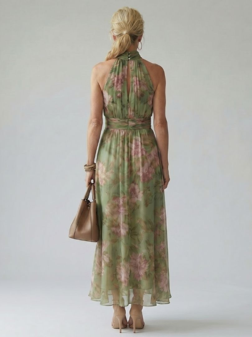 Women's Botanical Print Halter Neck Midi Dress in Green