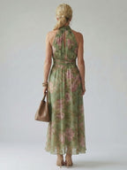Women's Botanical Print Halter Neck Midi Dress in Green
