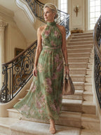 Women's Botanical Print Halter Neck Midi Dress in Green