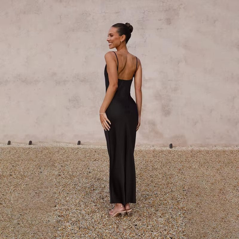 Backless Satin Maxi Dress with High Split for Elegant Evenings