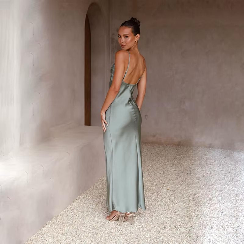 Backless Satin Maxi Dress with High Split for Elegant Evenings