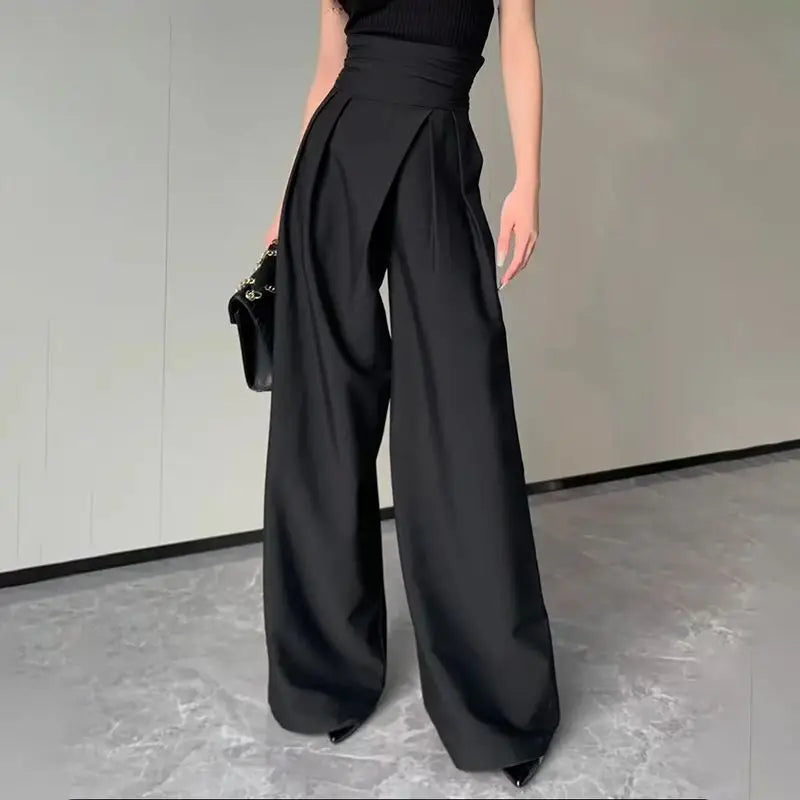 High-Waisted Wide-Leg Trousers with Crossed Waistband and Soft Pleats for Women