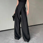High-Waisted Wide-Leg Trousers with Crossed Waistband and Soft Pleats for Women