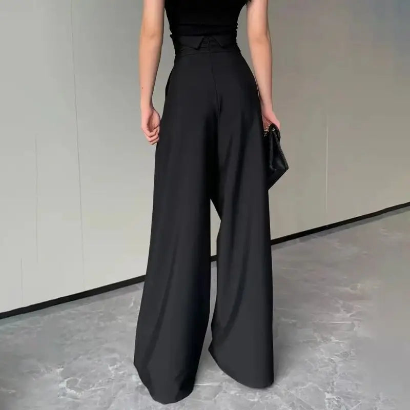 High-Waisted Wide-Leg Trousers with Crossed Waistband and Soft Pleats for Women
