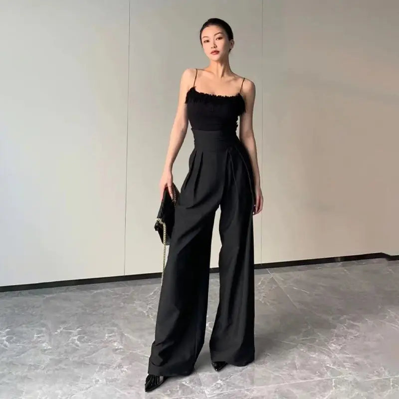 High-Waisted Wide-Leg Trousers with Crossed Waistband and Soft Pleats for Women