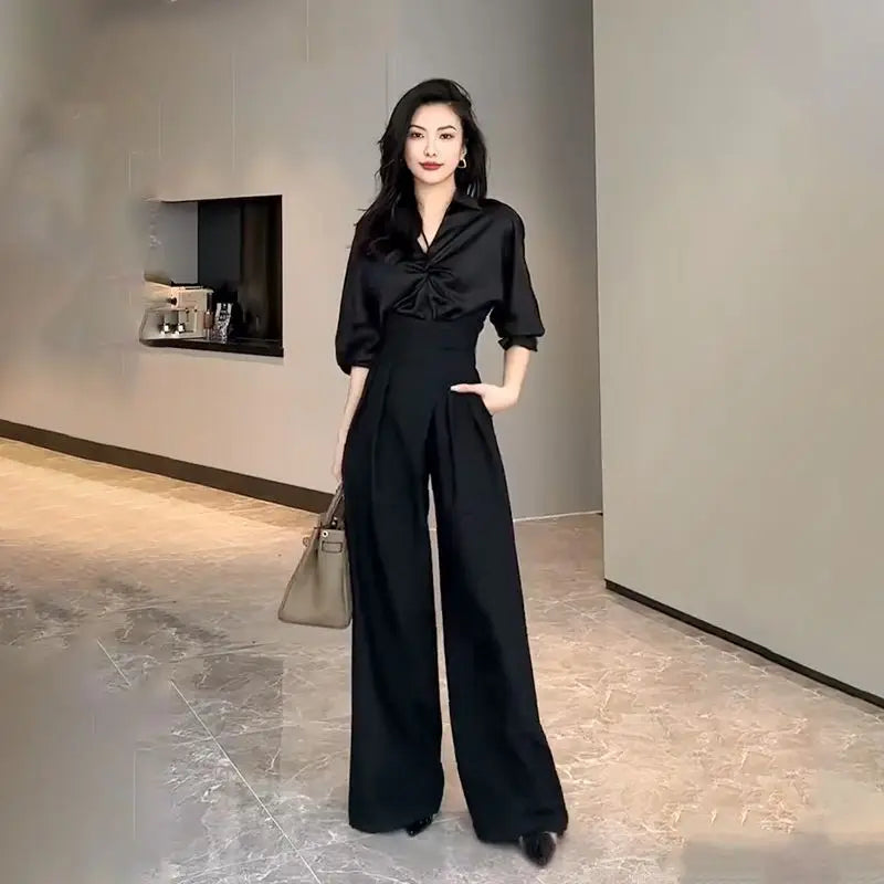 High-Waisted Wide-Leg Trousers with Crossed Waistband and Soft Pleats for Women