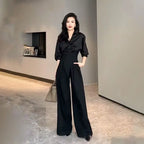 High-Waisted Wide-Leg Trousers with Crossed Waistband and Soft Pleats for Women