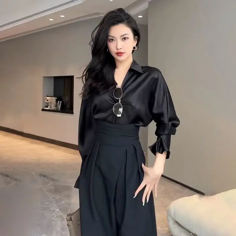 High-Waisted Wide-Leg Trousers with Crossed Waistband and Soft Pleats for Women