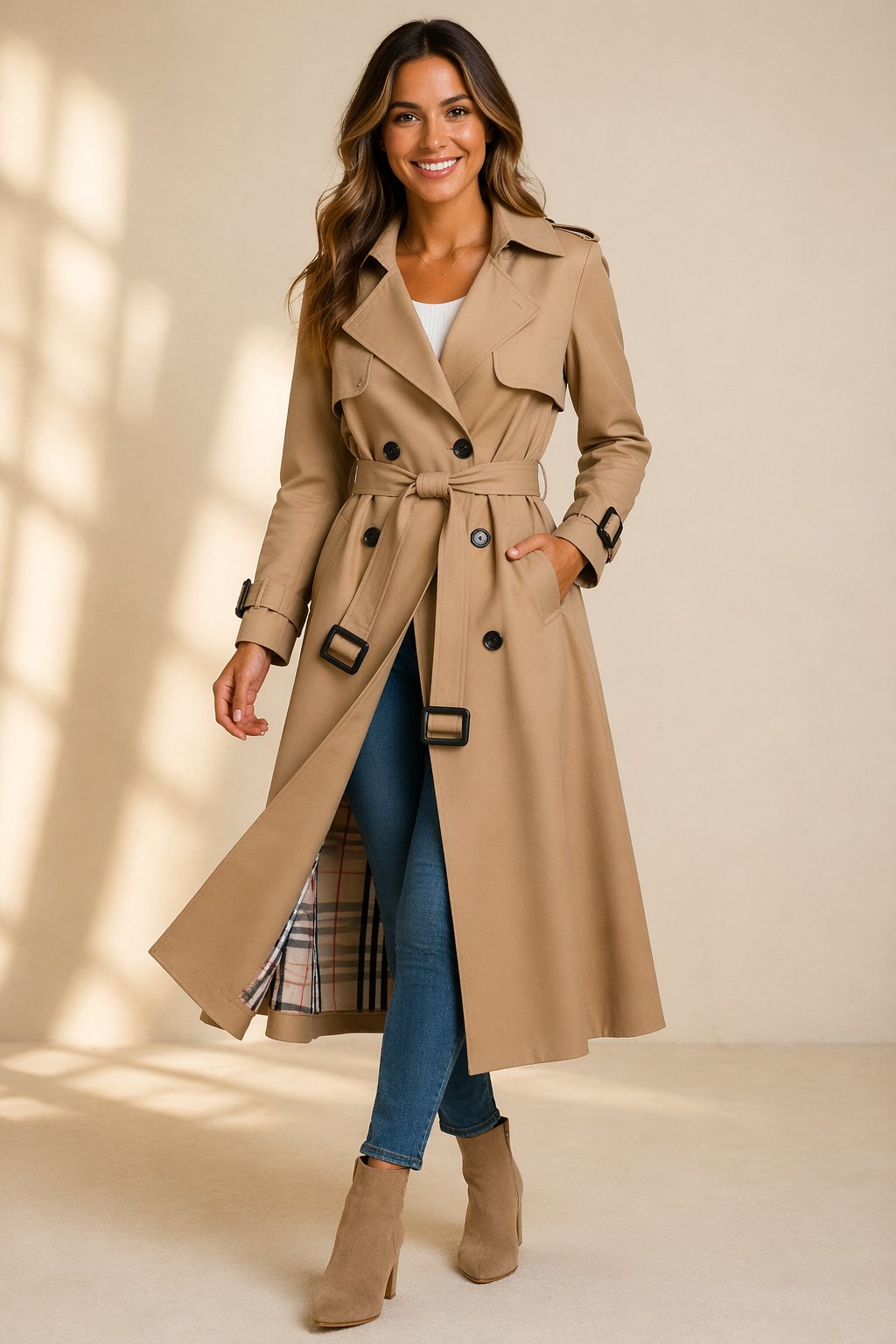 Women's Classic Double-Breasted Trench Coat with Adjustable Tie Belt