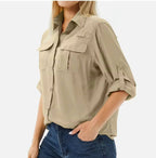 UPF 50 Long Sleeve Women's Hiking Shirt with Convertible Sleeves and Vented Back Panel