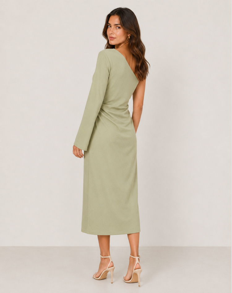 One-Shoulder Maxi Dress with Tailored Fit and Long Sleeves
