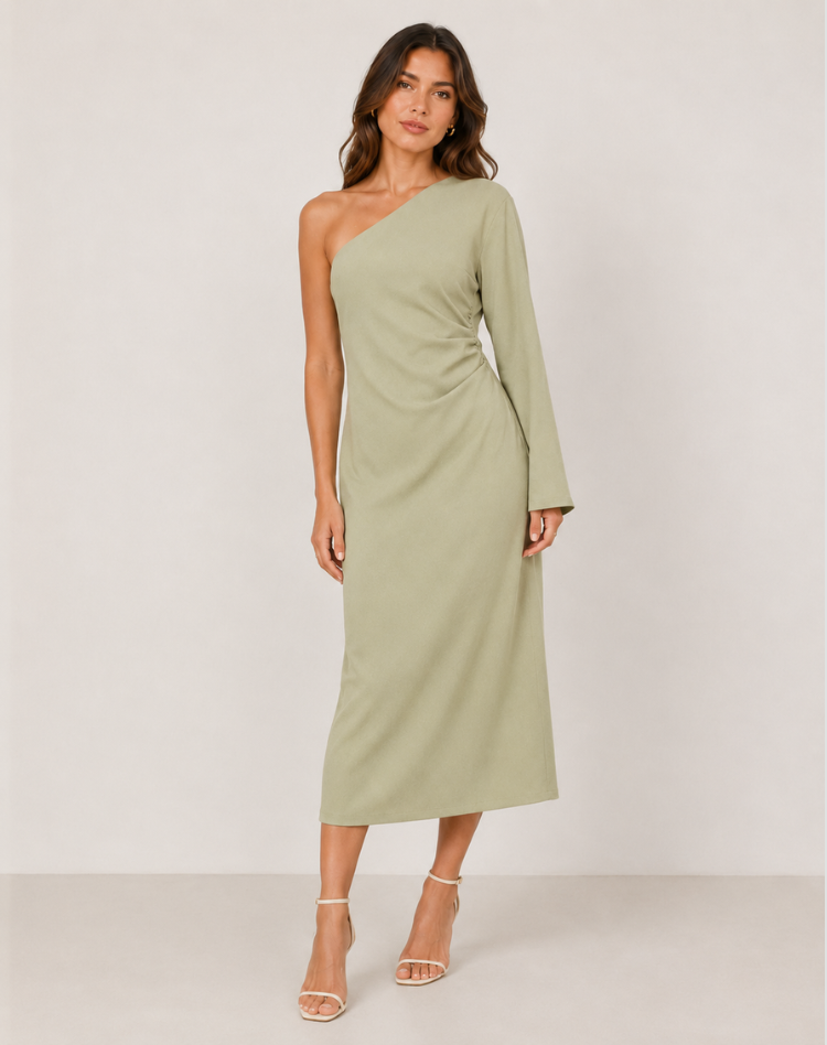 One-Shoulder Maxi Dress with Tailored Fit and Long Sleeves