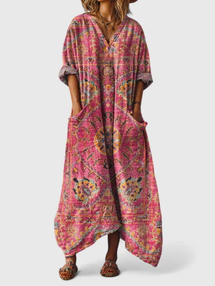 Women’s Bohemian Elegance Dress with Pockets and Vintage Print