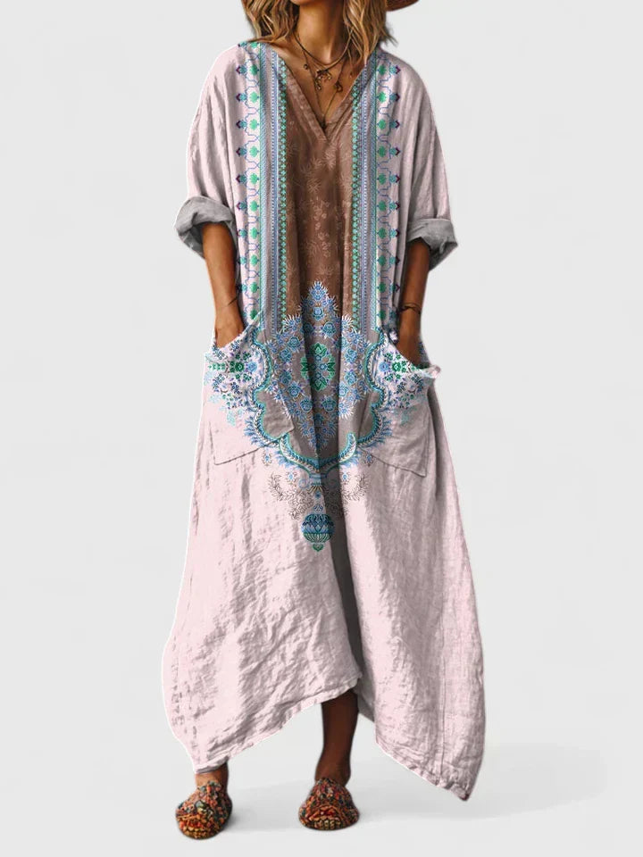 Women’s Bohemian Elegance Dress with Pockets and Vintage Print