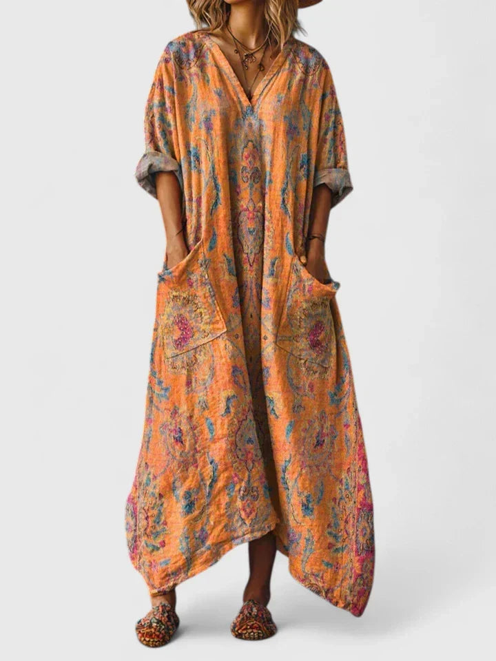 Women’s Bohemian Elegance Dress with Pockets and Vintage Print