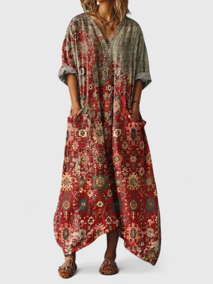 Women’s Bohemian Elegance Dress with Pockets and Vintage Print