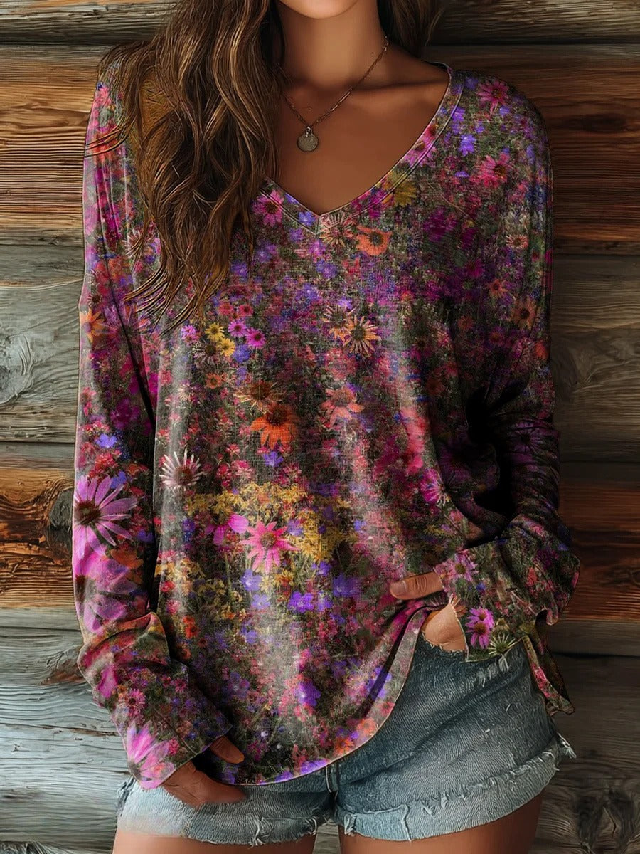 Vintage Floral Print V-neck Long Sleeve Cotton T-shirt for Women
