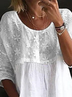 Lace Embroidered Floral Sheer Top with Loose Pleated Hem for Women