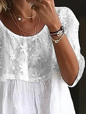 Lace Embroidered Floral Sheer Top with Loose Pleated Hem for Women