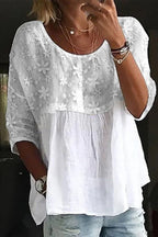 Lace Embroidered Floral Sheer Top with Loose Pleated Hem for Women