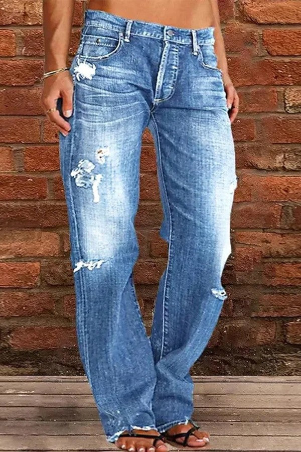 Women's Casual Distressed Ripped Straight Leg Jeans