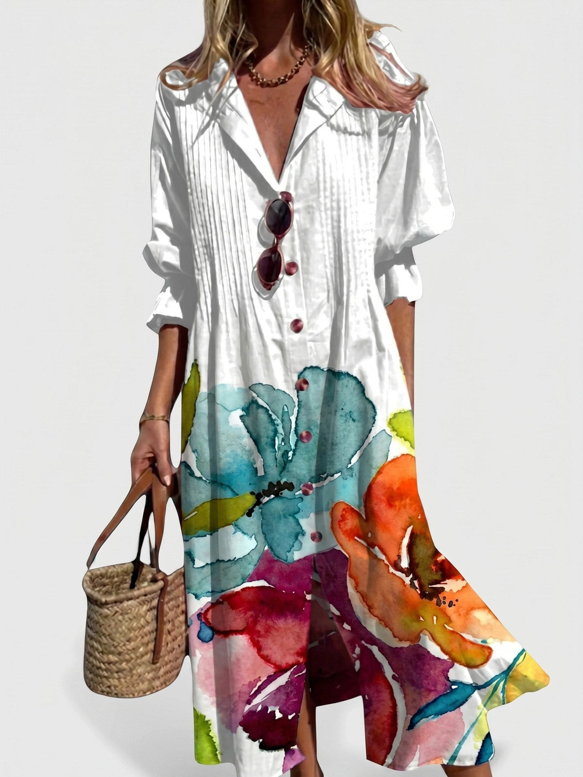 Boho Printed Button Front Maxi Shirt Dress for Women