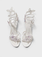 Gleamond | Women's Crystal Embellished Stiletto Sandals with Spiral Ankle Wrap and Butterfly Detail Gleamond