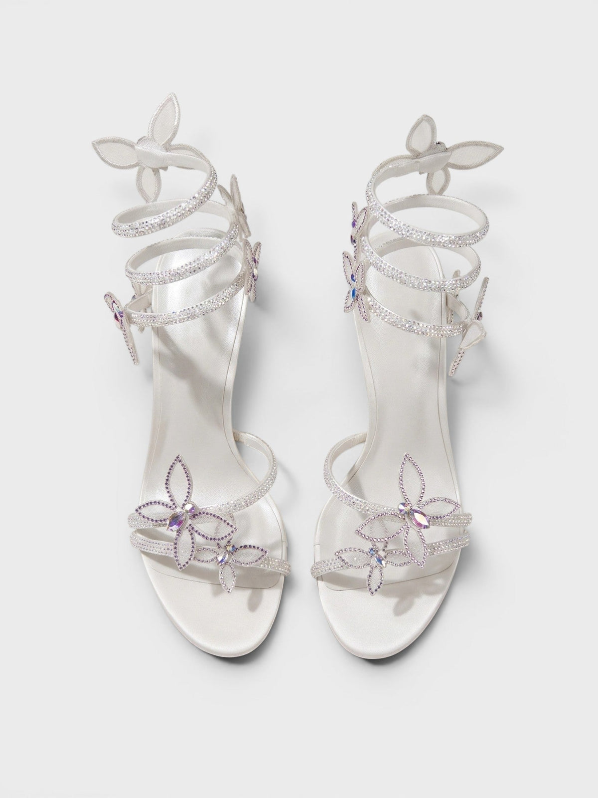 Gleamond | Women's Crystal Embellished Stiletto Sandals with Spiral Ankle Wrap and Butterfly Detail Gleamond