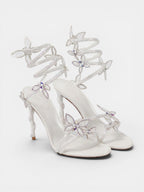 Gleamond | Women's Crystal Embellished Stiletto Sandals with Spiral Ankle Wrap and Butterfly Detail Gleamond