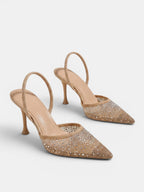 Gleamond | Women's Rhinestone Slingback Pumps with Pointed Toe and Mesh Upper Gleamond