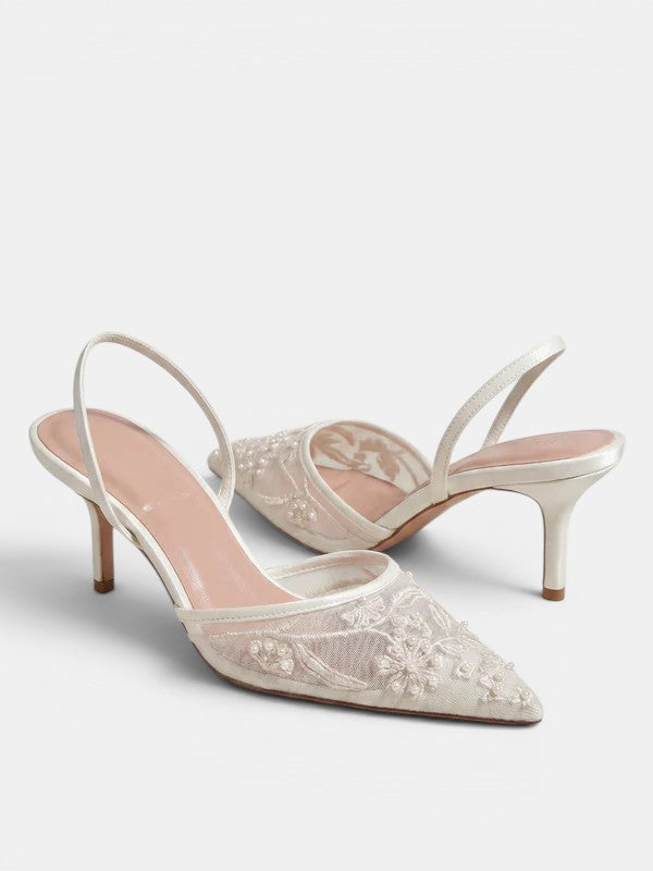 Gleamond | Women's Embroidered Mesh Slip-On Heels Gleamond