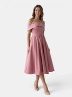 Gleamond | Women's Off Shoulder Fit and Flare Midi Dress with Pleated Full Skirt Gleamond