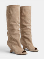 Gleamond | Women's Knee High Boots with Peep Toe and Sculpted Heel Gleamond