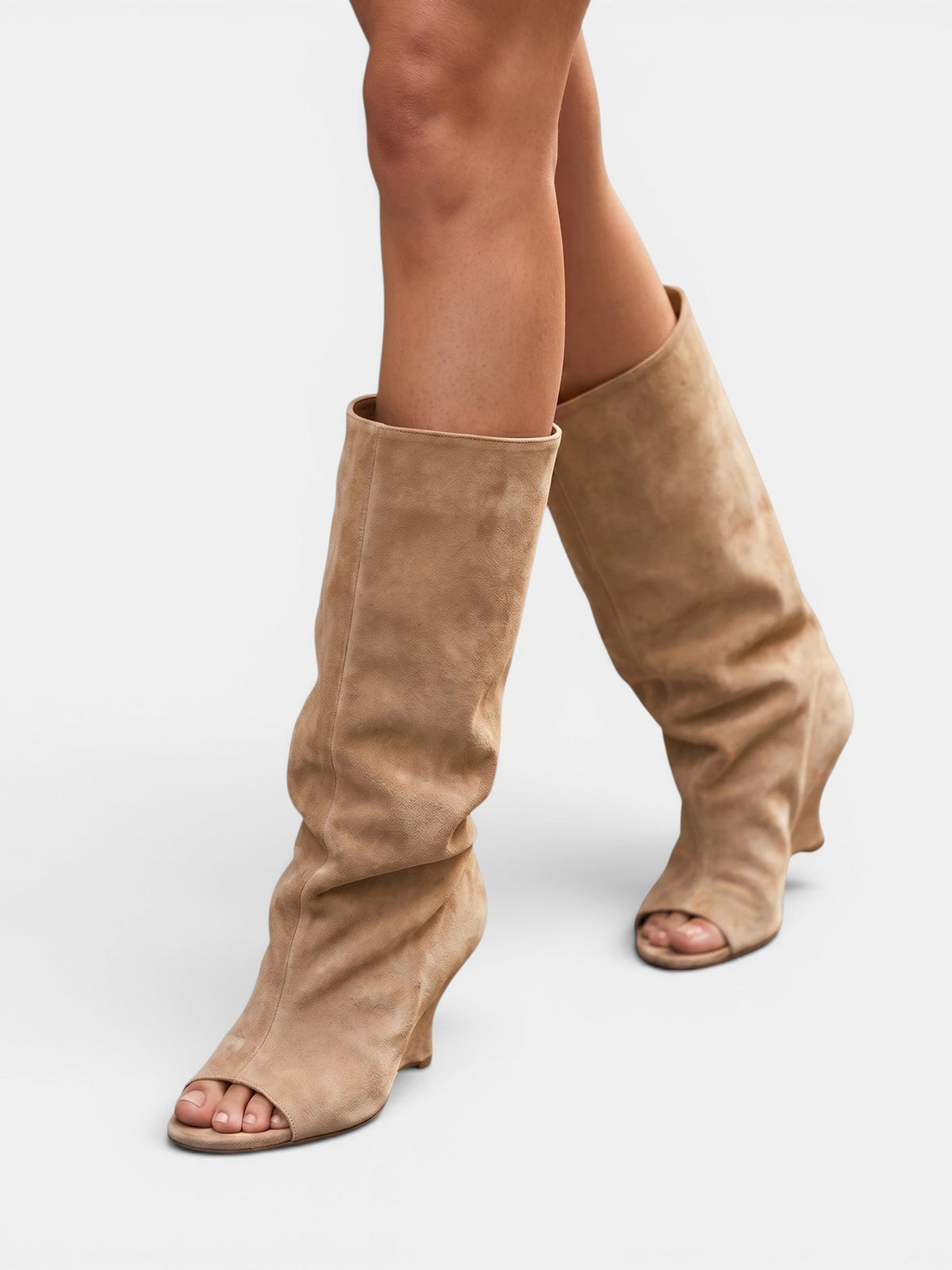 Gleamond | Women's Knee High Boots with Peep Toe and Sculpted Heel Gleamond