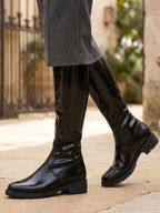 Gleamond | Women's Over the Knee Block Heel Boots with Stretch Upper and Lug Sole Gleamond