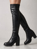 Gleamond | Women's Over the Knee Block Heel Boots with Stretch Upper and Lug Sole Gleamond