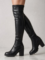 Gleamond | Women's Over the Knee Block Heel Boots with Stretch Upper and Lug Sole Gleamond