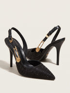 Gleamond | Women's Pointed Toe Rhinestone Slingback Heels Gleamond