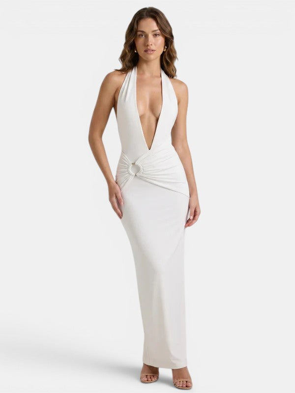 Gleamond | Women's Ruched Waist Halter Maxi Dress Gleamond