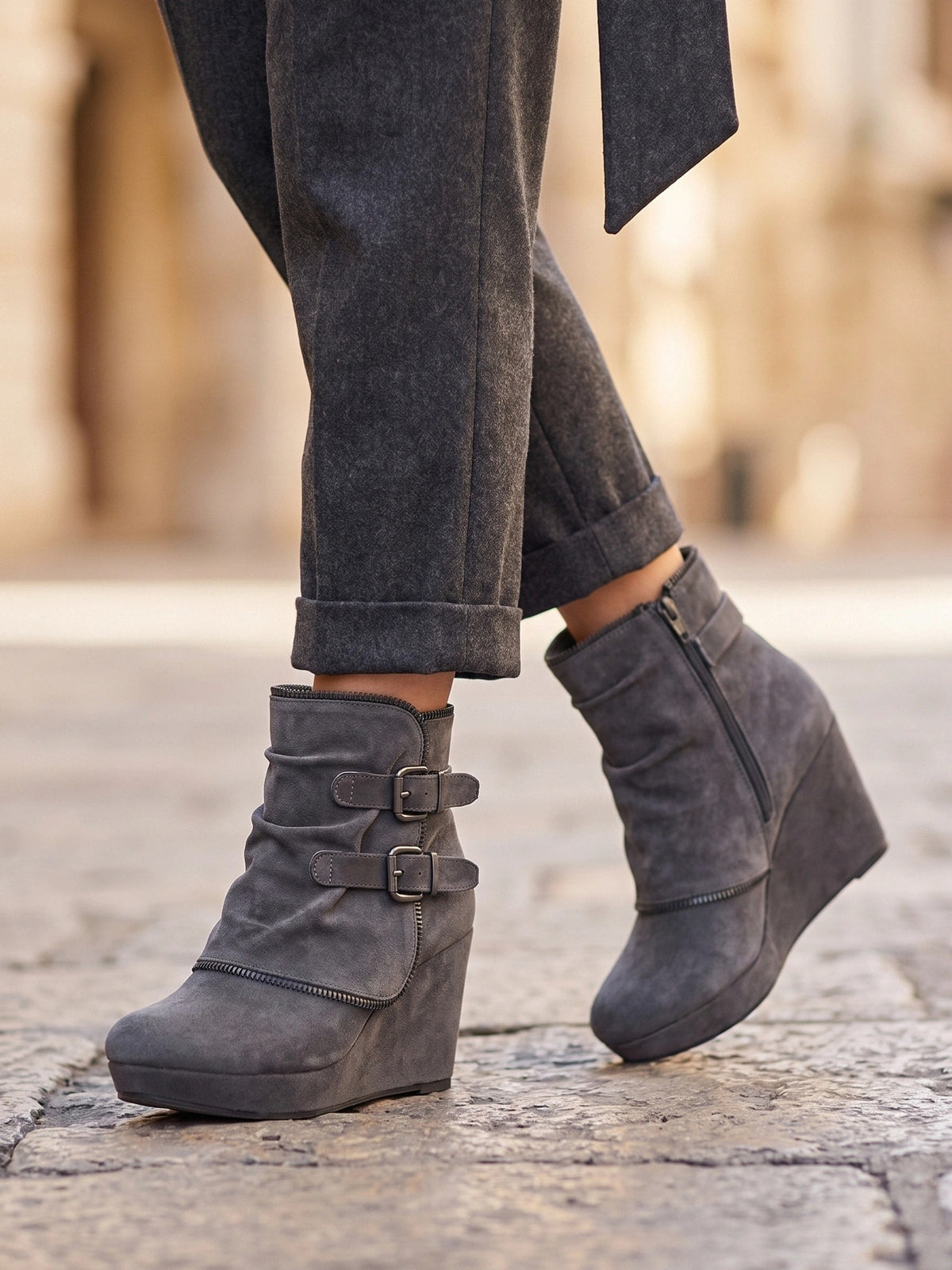 Gleamond | Women's Wedge Ankle Boots with Double Buckle Gleamond