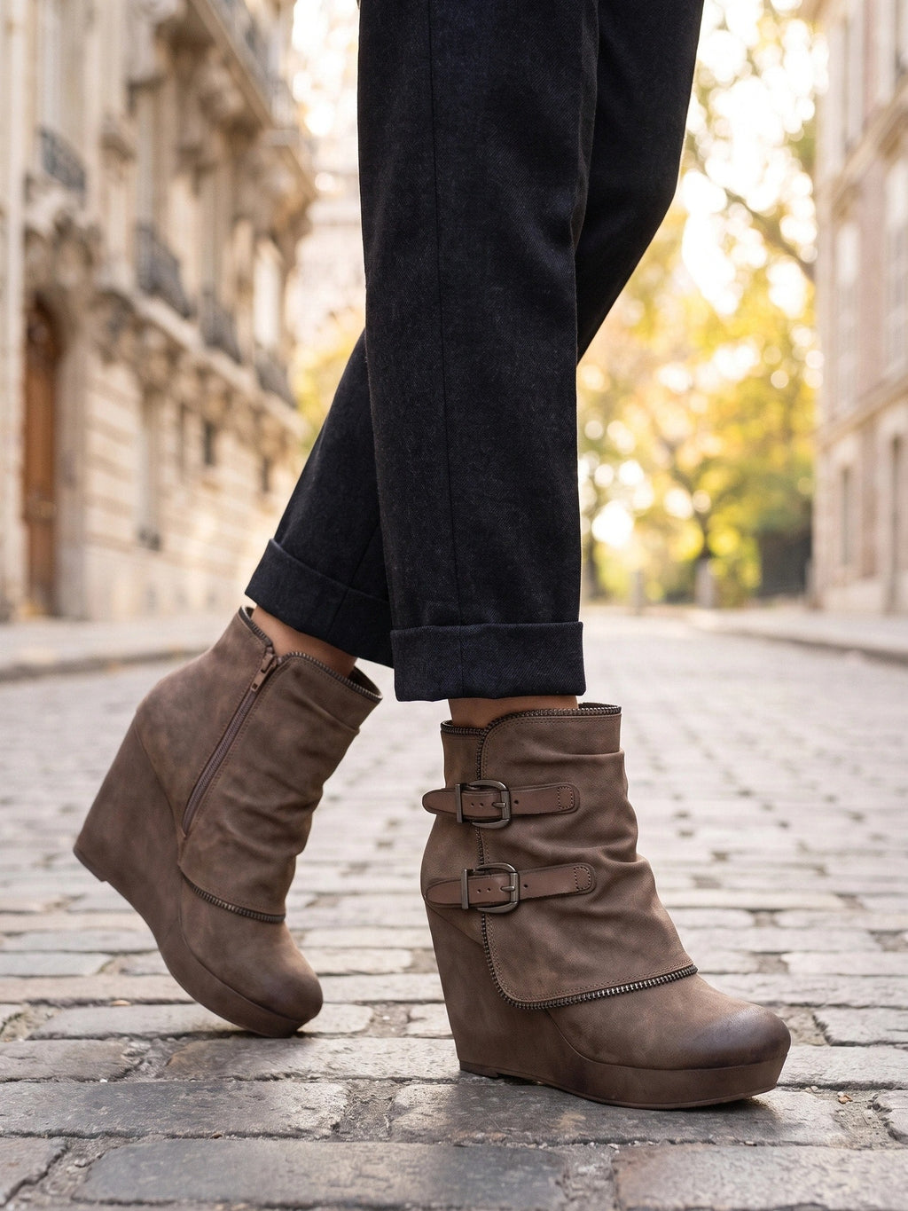 Gleamond | Women's Wedge Ankle Boots with Double Buckle Gleamond