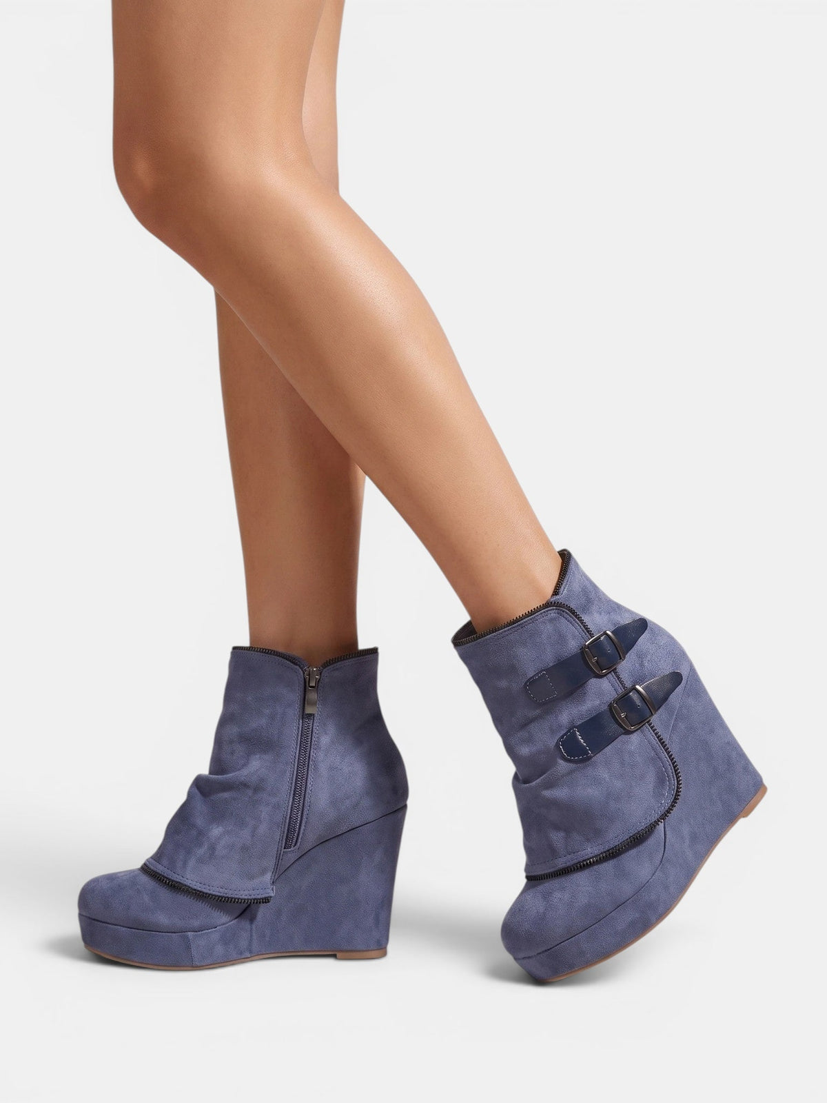 Gleamond | Women's Wedge Ankle Boots with Side Zip and Double Buckle Strap Gleamond