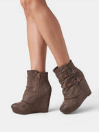 Gleamond | Women's Wedge Ankle Boots with Side Zip and Double Buckle Strap Gleamond