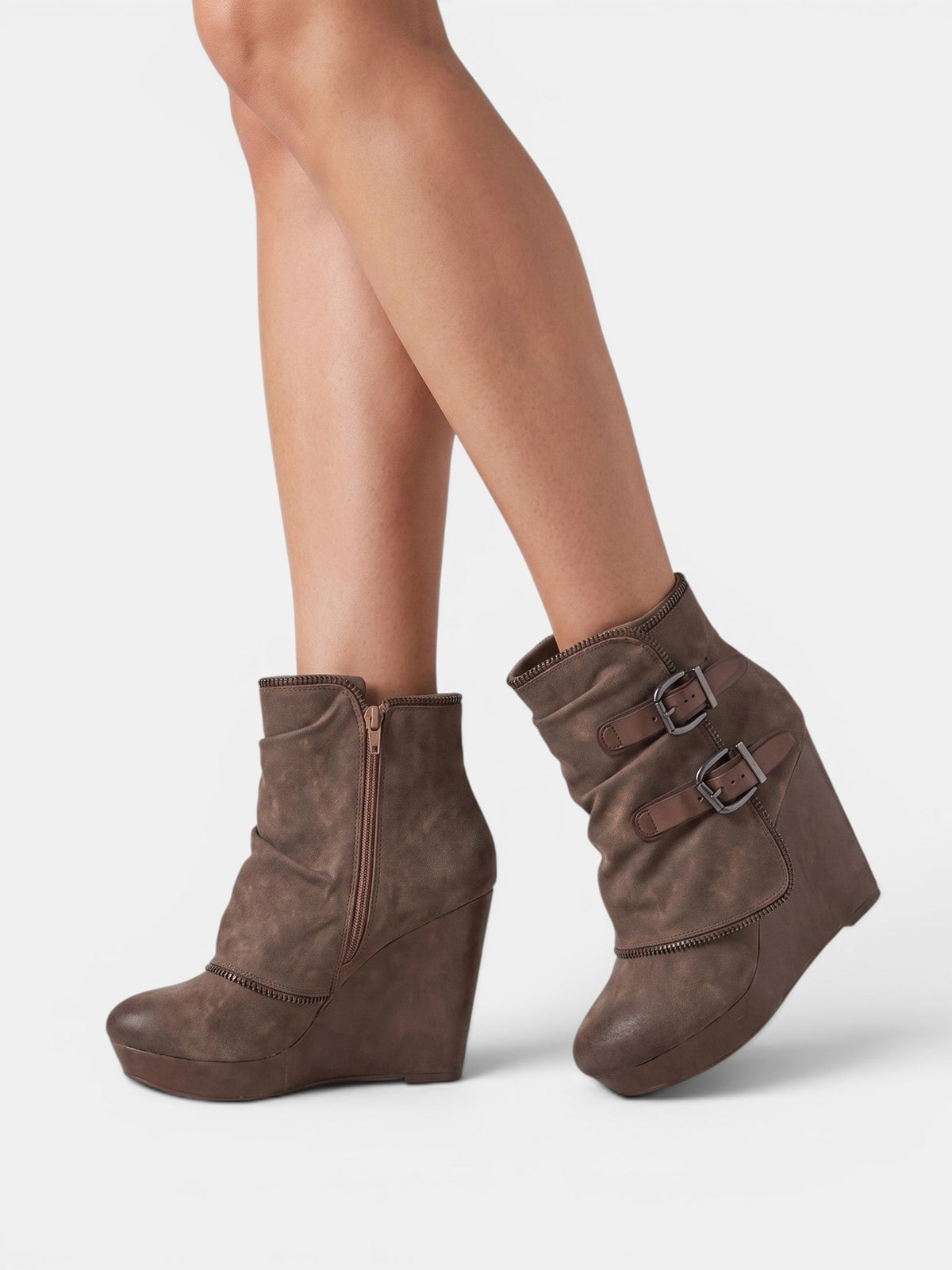 Gleamond | Women's Wedge Ankle Boots with Side Zip and Double Buckle Strap Gleamond