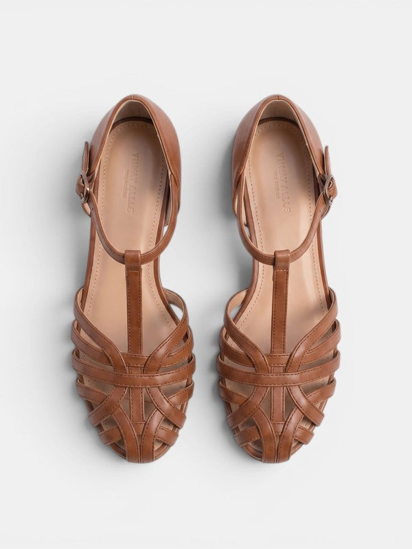 Gleamond | Women's Woven Leather Block Heel Sandals Gleamond