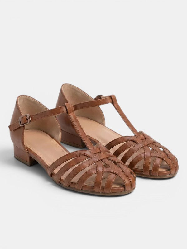 Gleamond | Women's Woven Leather Block Heel Sandals Gleamond