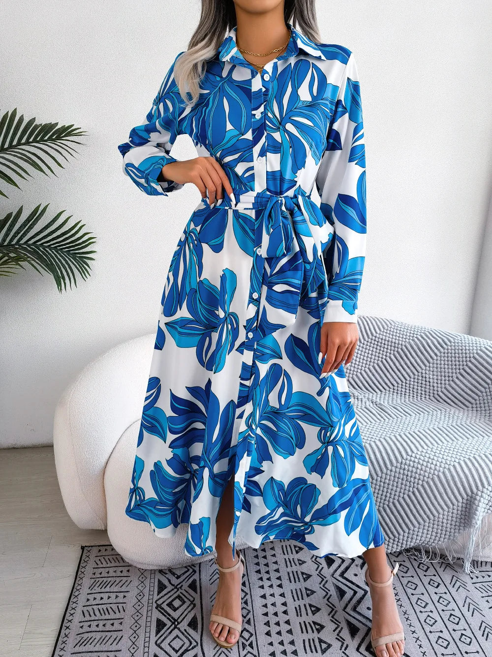 Women’s Floral Maxi Shirt Dress with Button-Up Front and Tie Belt