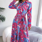 Women’s Floral Maxi Shirt Dress with Button-Up Front and Tie Belt