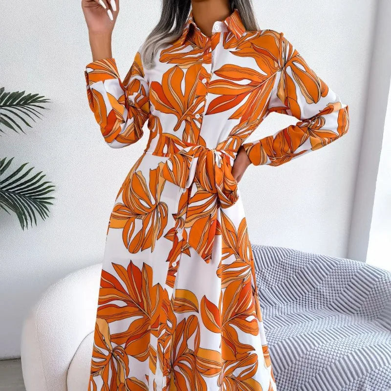 Women’s Floral Maxi Shirt Dress with Button-Up Front and Tie Belt