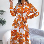 Women’s Floral Maxi Shirt Dress with Button-Up Front and Tie Belt